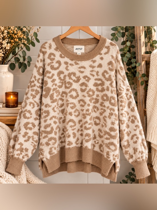 aerie Sweaters - aerie Cream & Tan Leopard-Print Crewneck Sweater